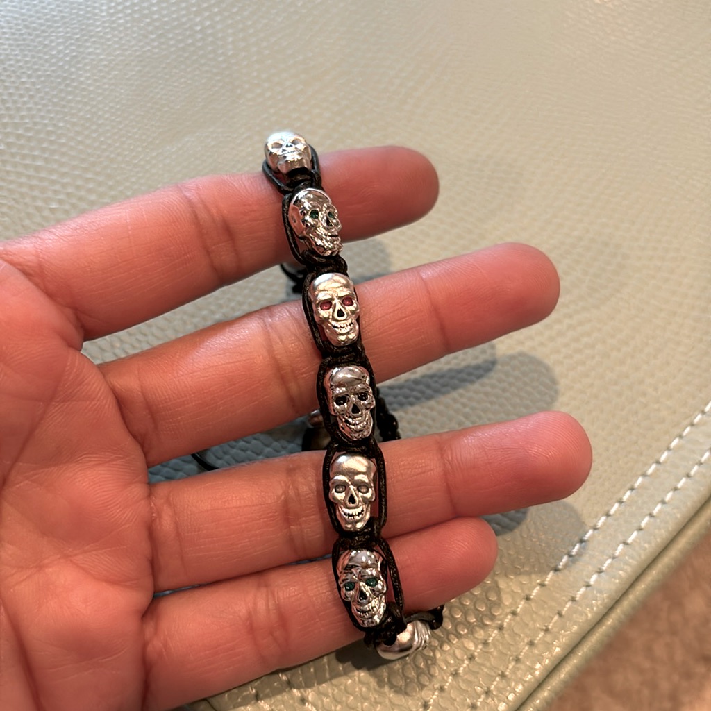 Silvertone Small Lucky Skull Black Shamballa Bracelet 175$